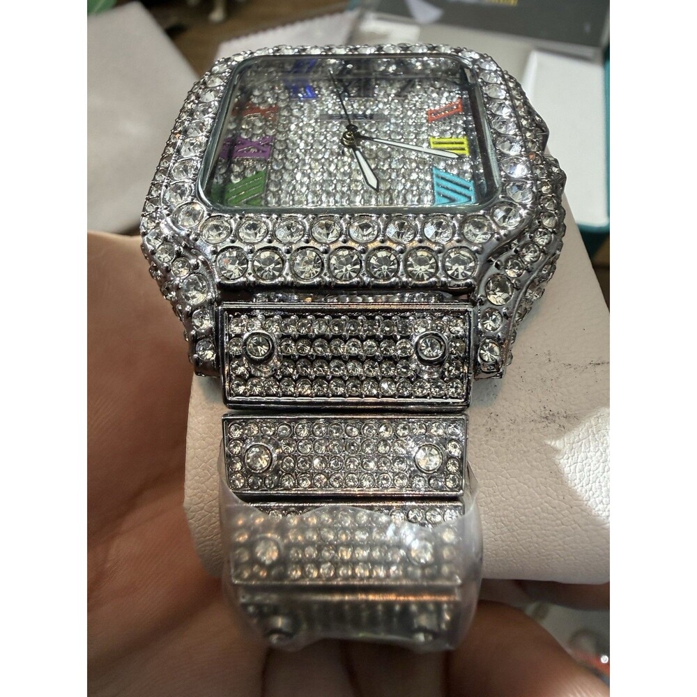 BIBI Luxury Diamond Pattern Iced-Out Rainbow Square Wristwatch Silver